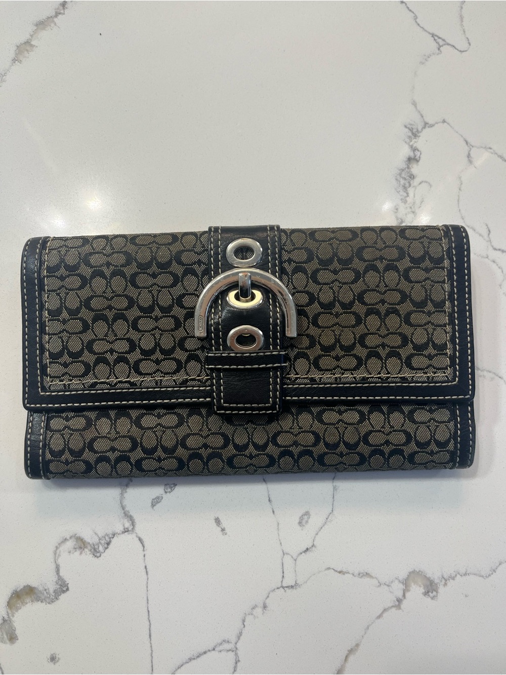 Coach Brown and Black Signature Pattern Continental Wallet
